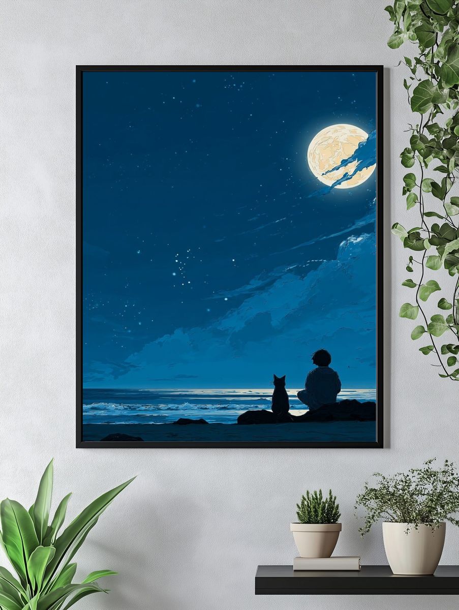 Boy and Dog Under the Moon — Anime Print. — room view 4