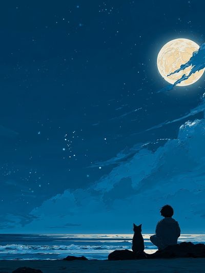 Boy and Dog Under the Moon — Anime Print
