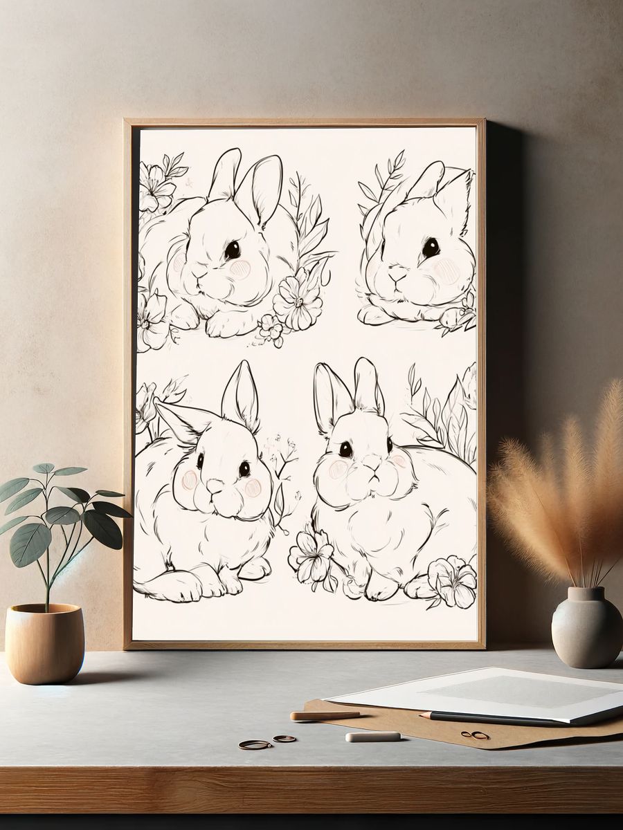 Floral Bunny Sketch Poster. — room view 2
