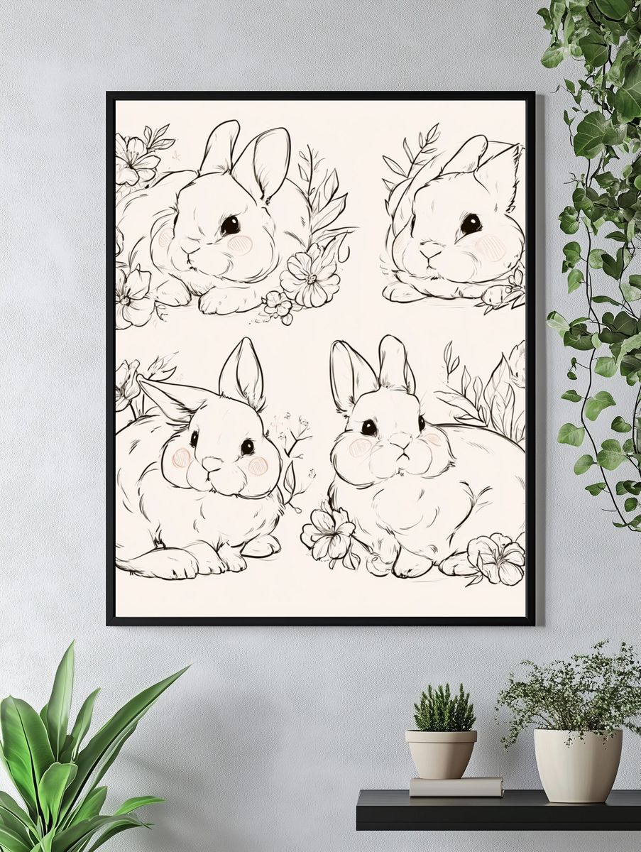 Floral Bunny Sketch Poster. — room view 4