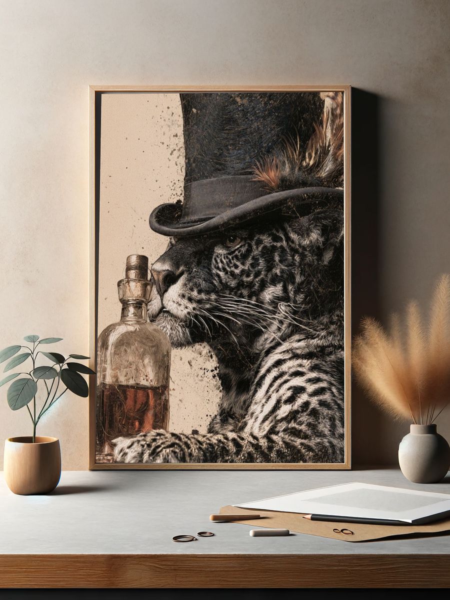 Top Hat Leopard Portrait Poster. — room view 2