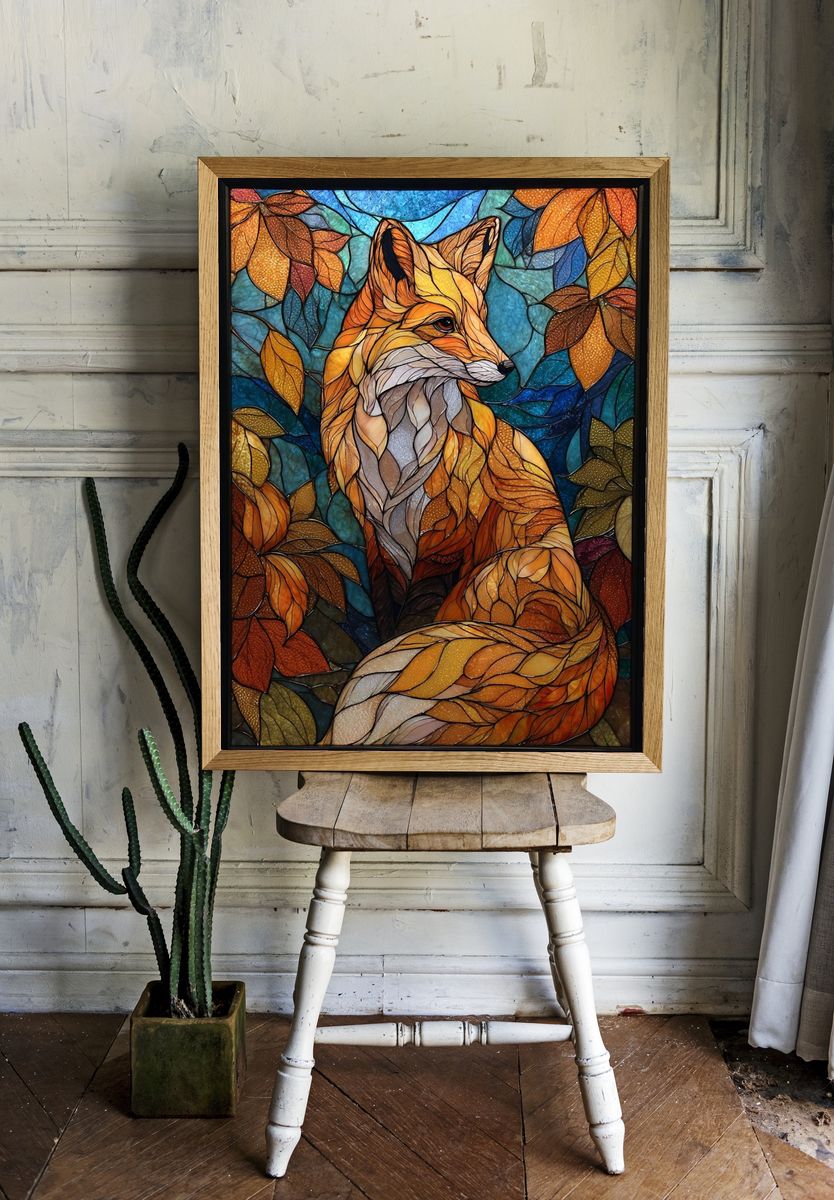 Autumn Fox Stained Glass Poster. room preview