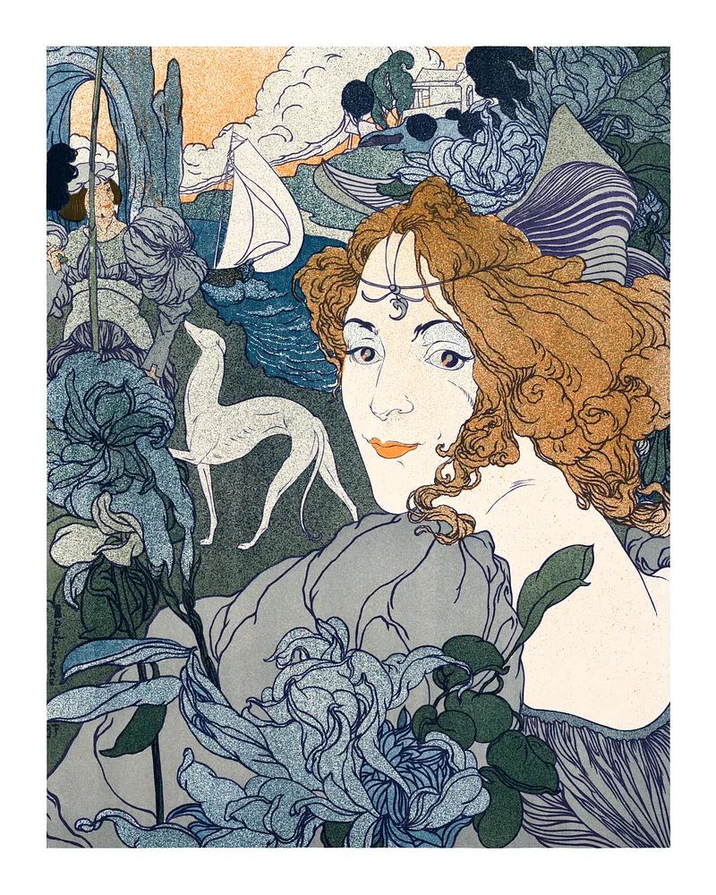 Elegant Woman with Flowers — Art Nouveau Print. poster detail
