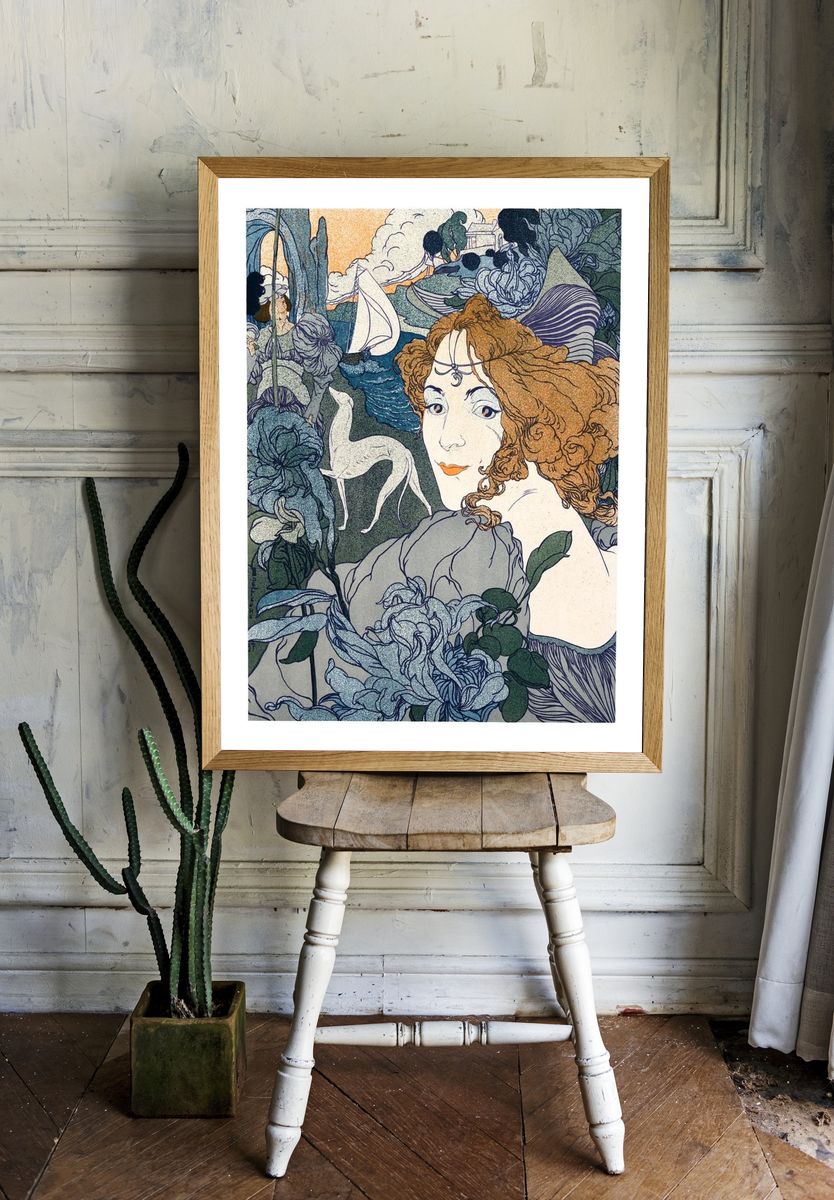 Elegant Woman with Flowers — Art Nouveau Print. — room view 1