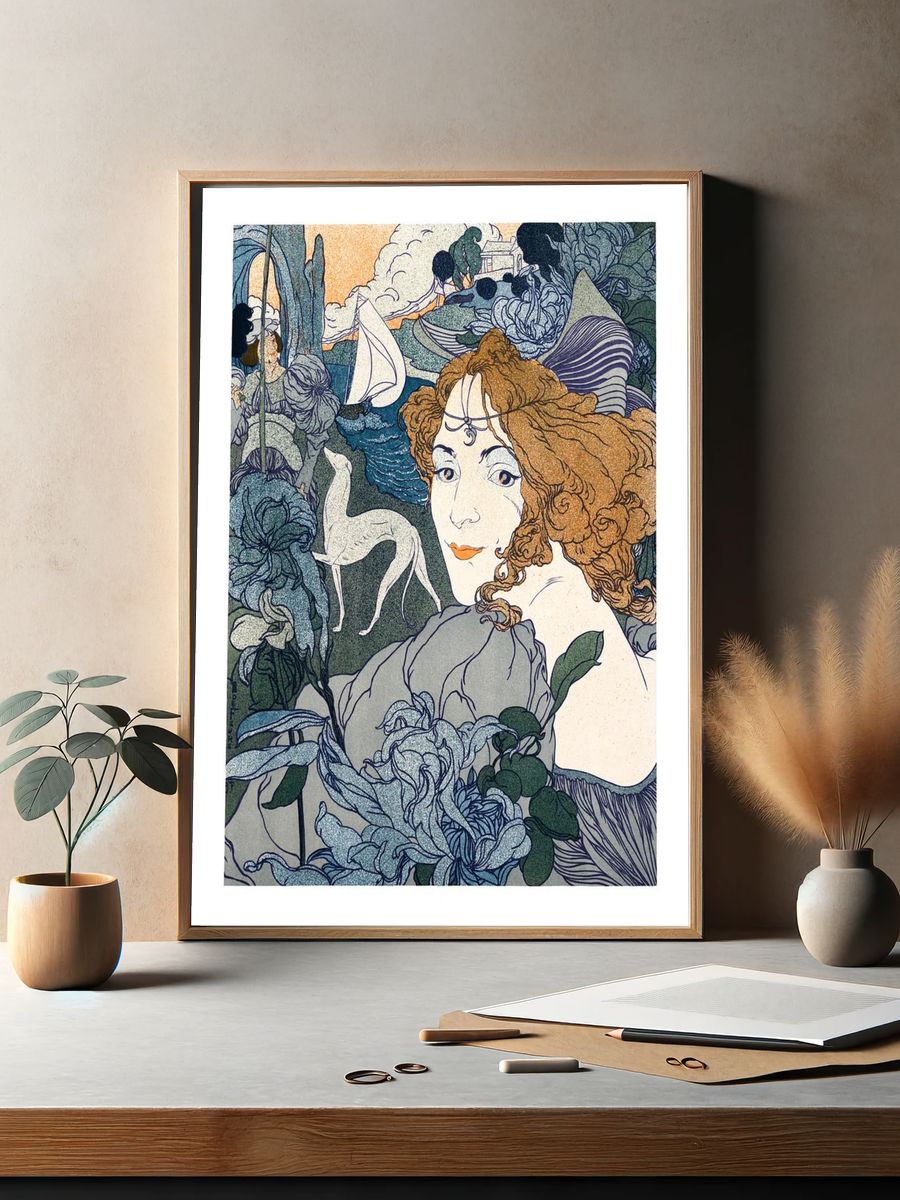 Elegant Woman with Flowers — Art Nouveau Print. — room view 2