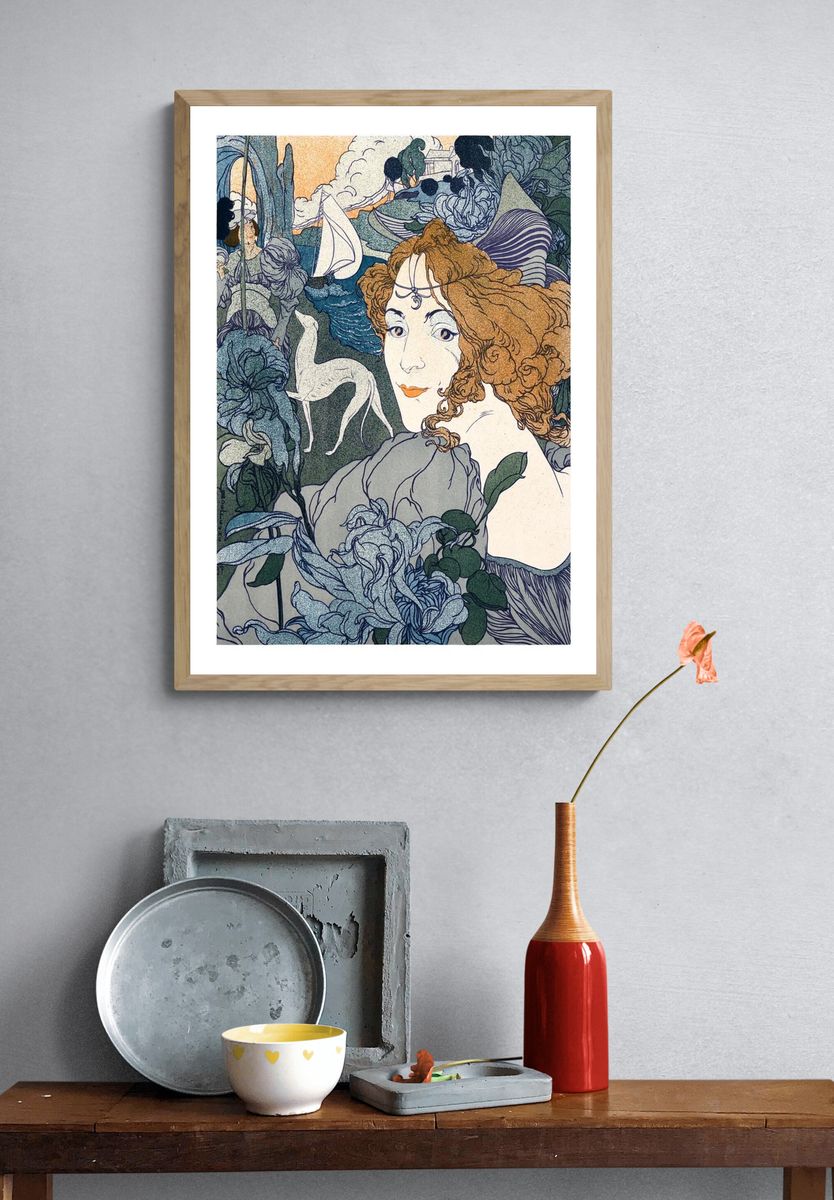 Elegant Woman with Flowers — Art Nouveau Print. — room view 3