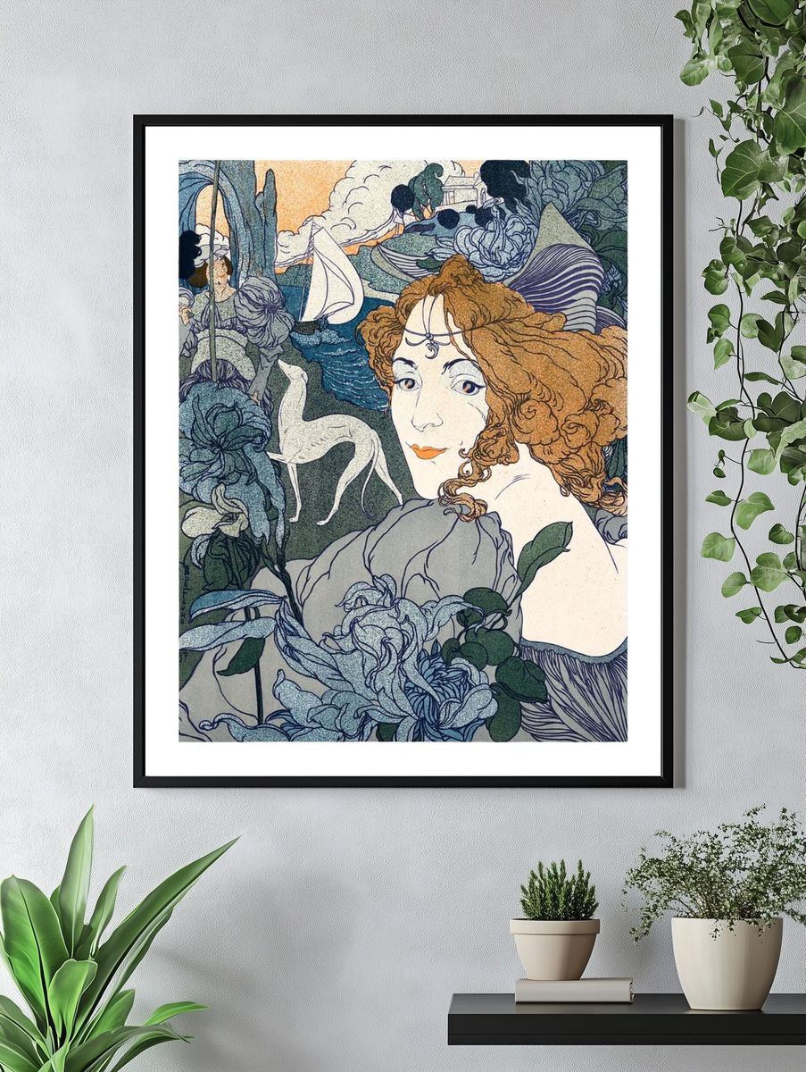 Elegant Woman with Flowers — Art Nouveau Print. — room view 4