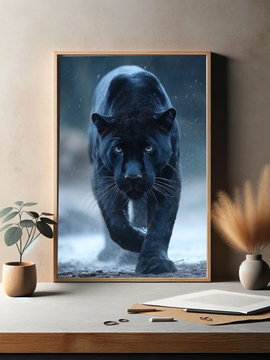 Black Panther in Rain Photography Poster. — room view 2