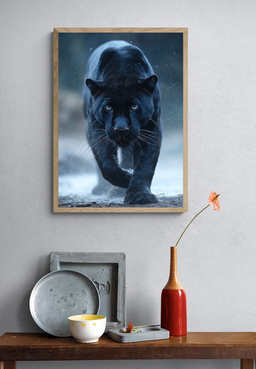Black Panther in Rain Photography Poster. — room view 3