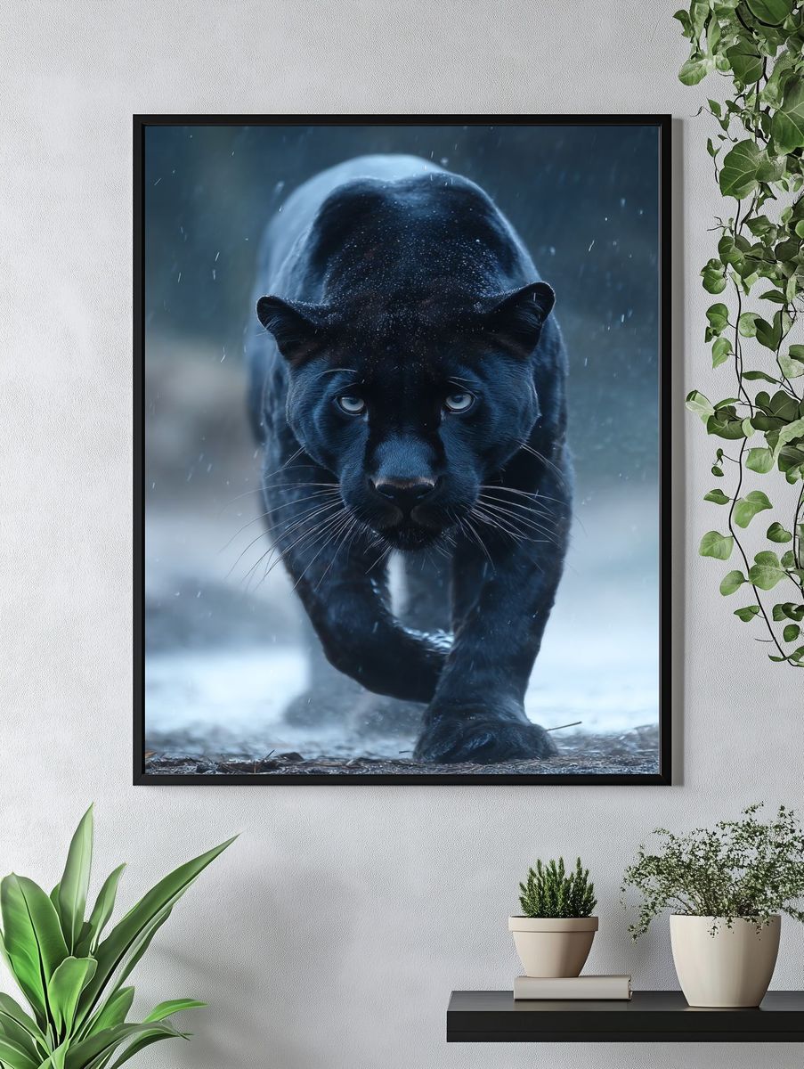 Black Panther in Rain Photography Poster. — room view 4