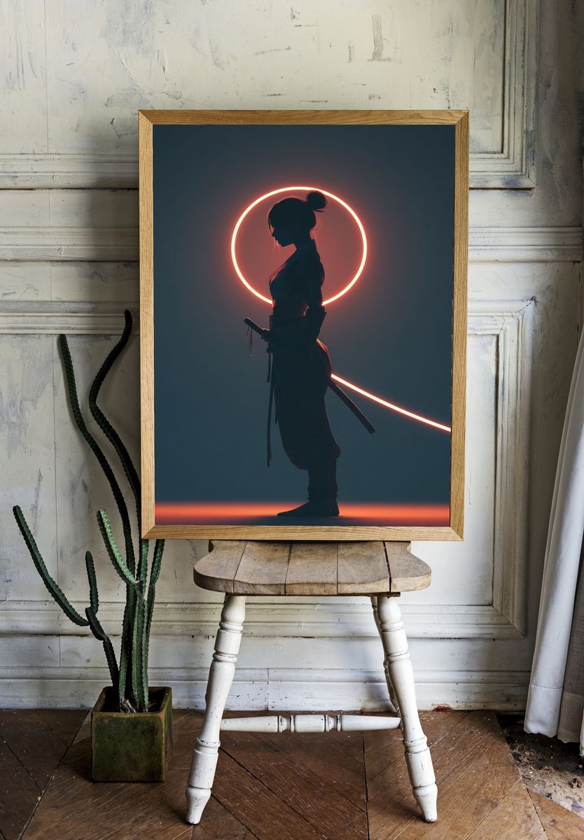 Neon Samurai Silhouette Poster. — room view 1