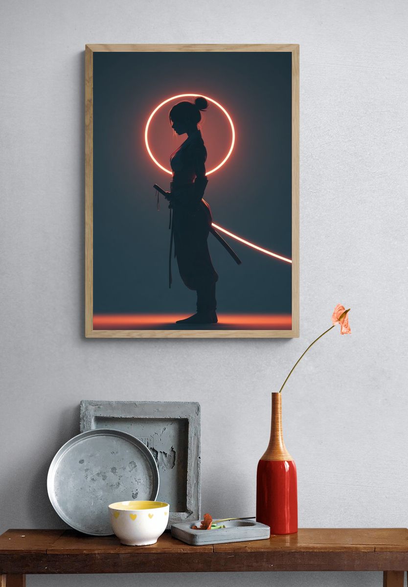 Neon Samurai Silhouette Poster. — room view 3