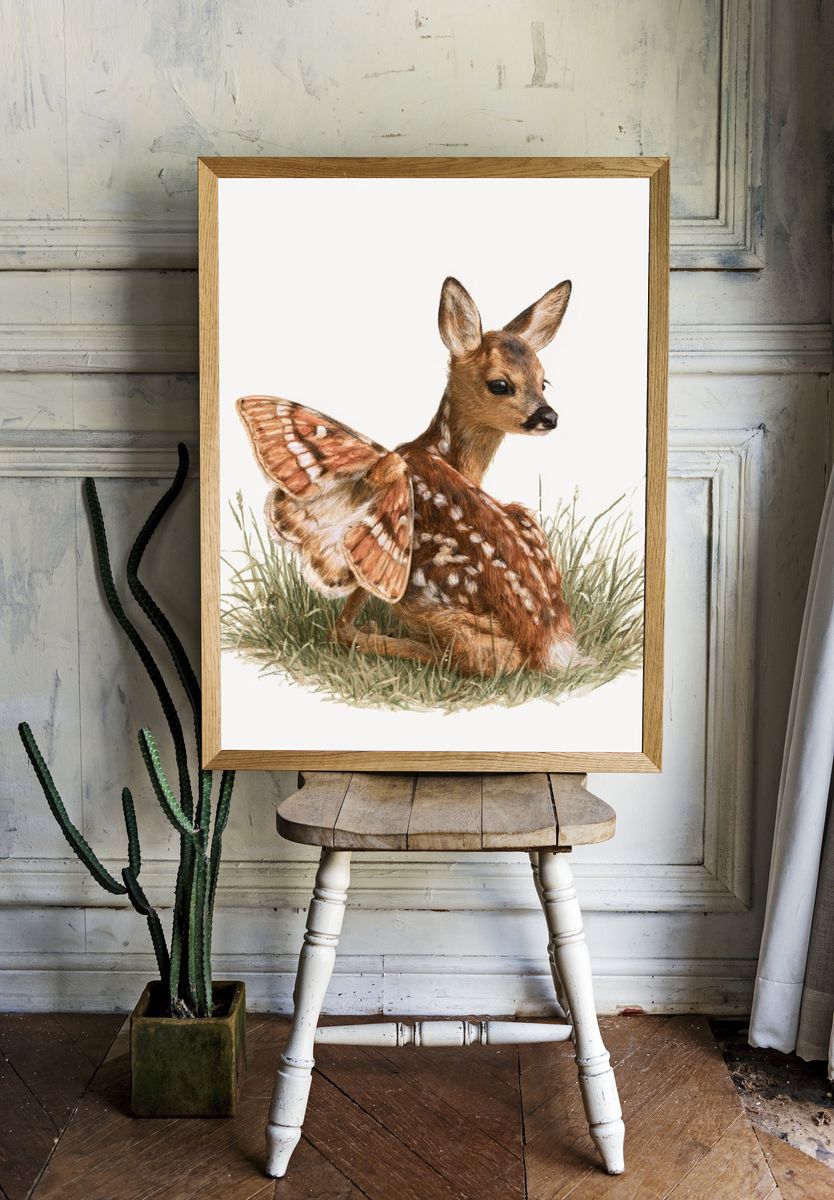 Fawn and Butterfly Watercolor Poster. room preview