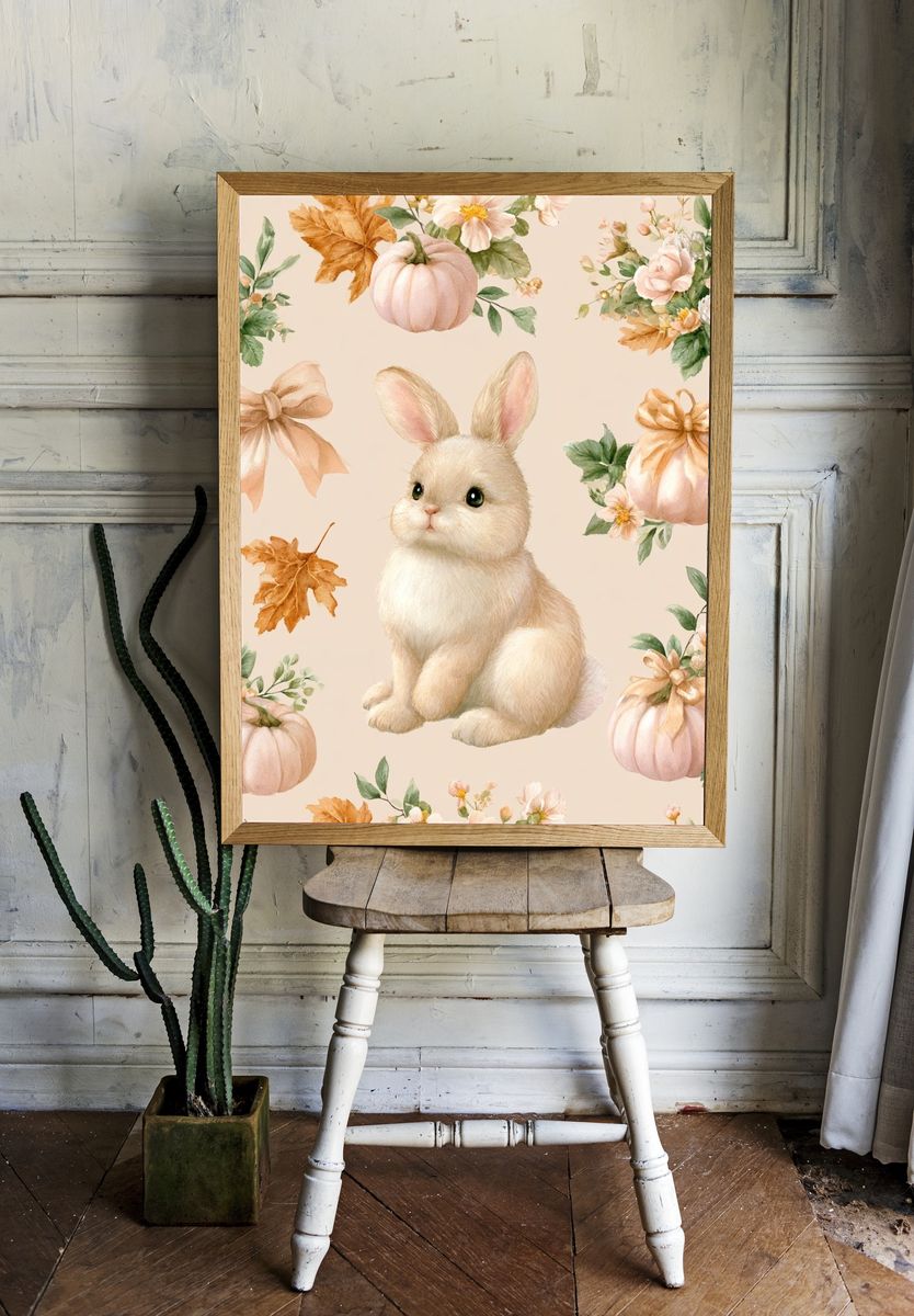 Bunny and Pumpkins Watercolor Poster. — room view 1