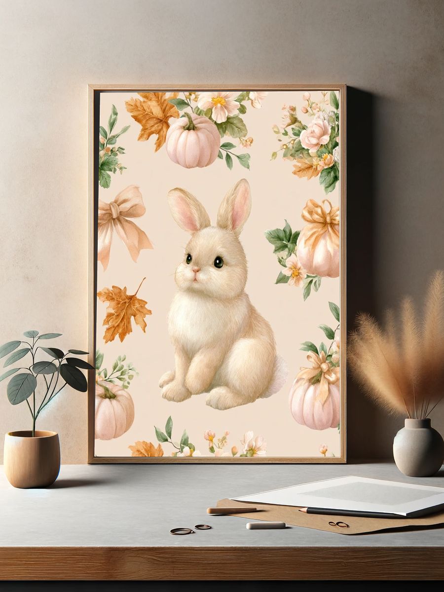 Bunny and Pumpkins Watercolor Poster. — room view 2