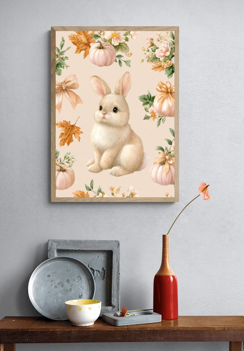 Bunny and Pumpkins Watercolor Poster. — room view 3