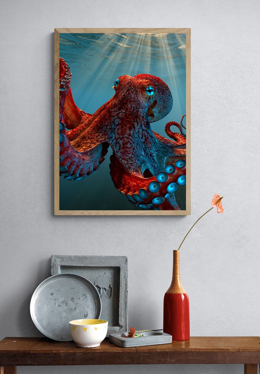 Underwater Octopus Digital Art Poster. — room view 3