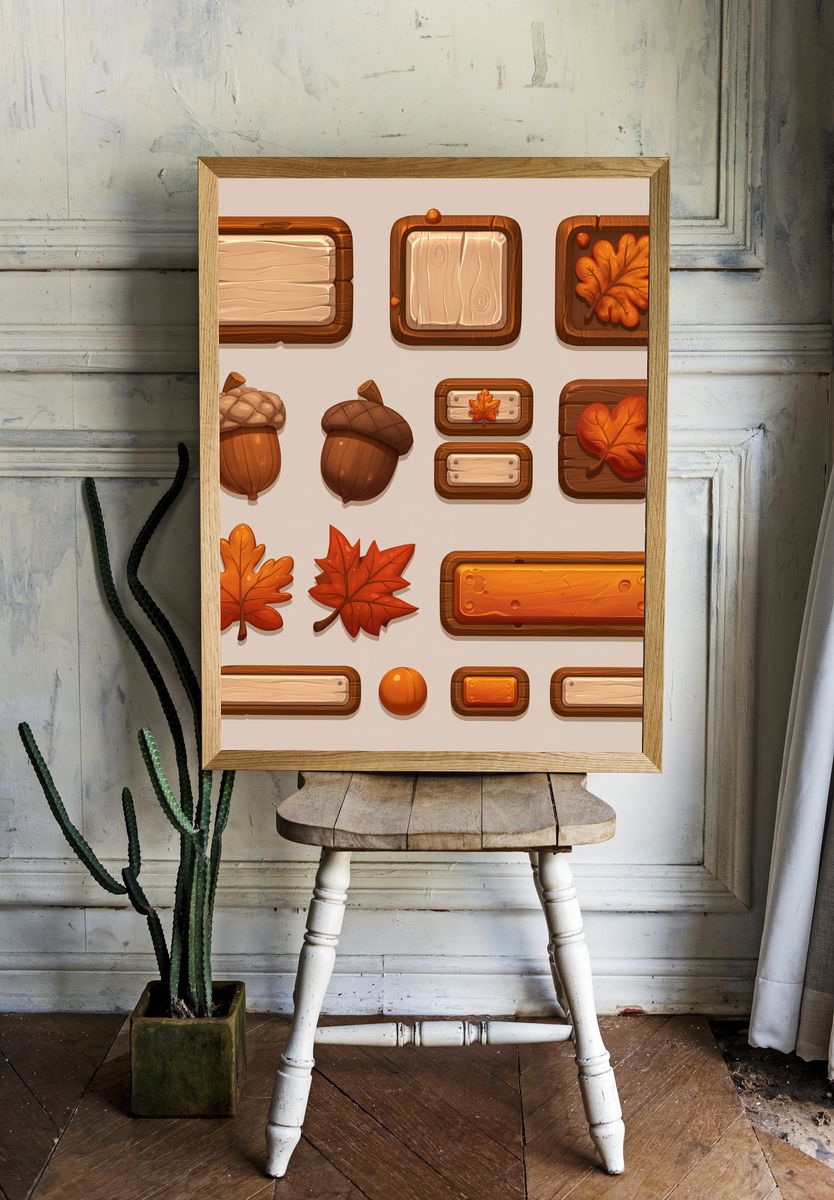Autumn Acorn and Leaf Illustration Poster. — room view 1