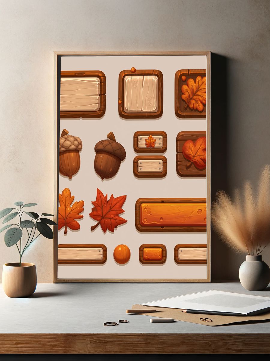 Autumn Acorn and Leaf Illustration Poster. — room view 2
