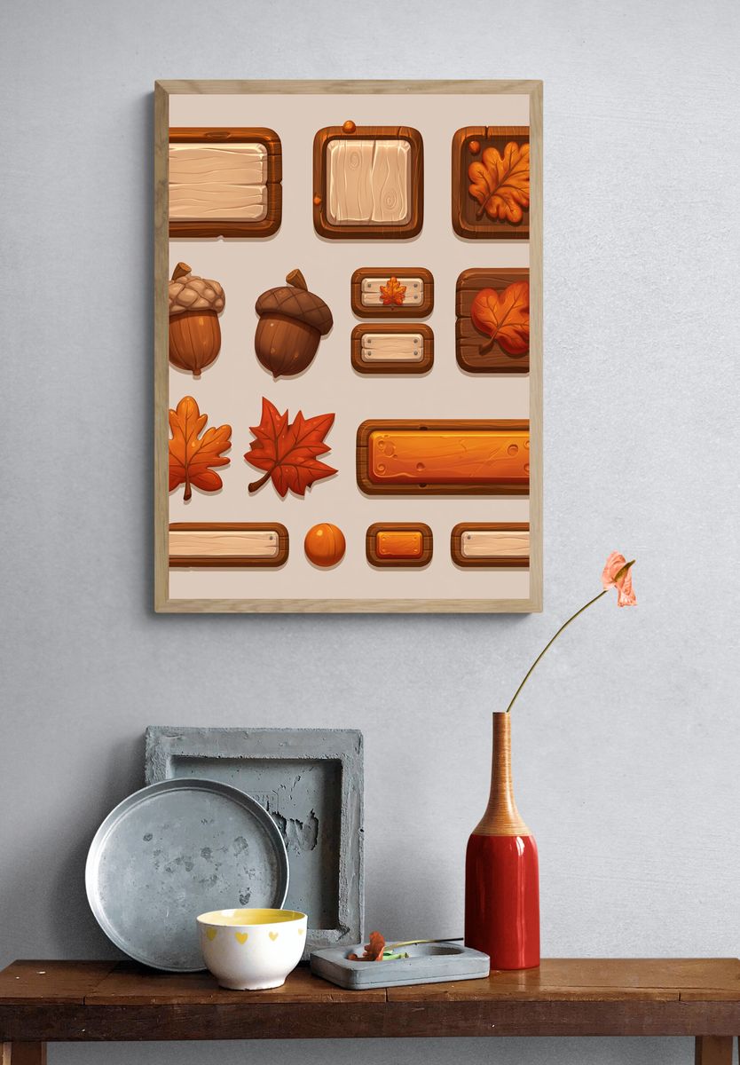 Autumn Acorn and Leaf Illustration Poster. — room view 3