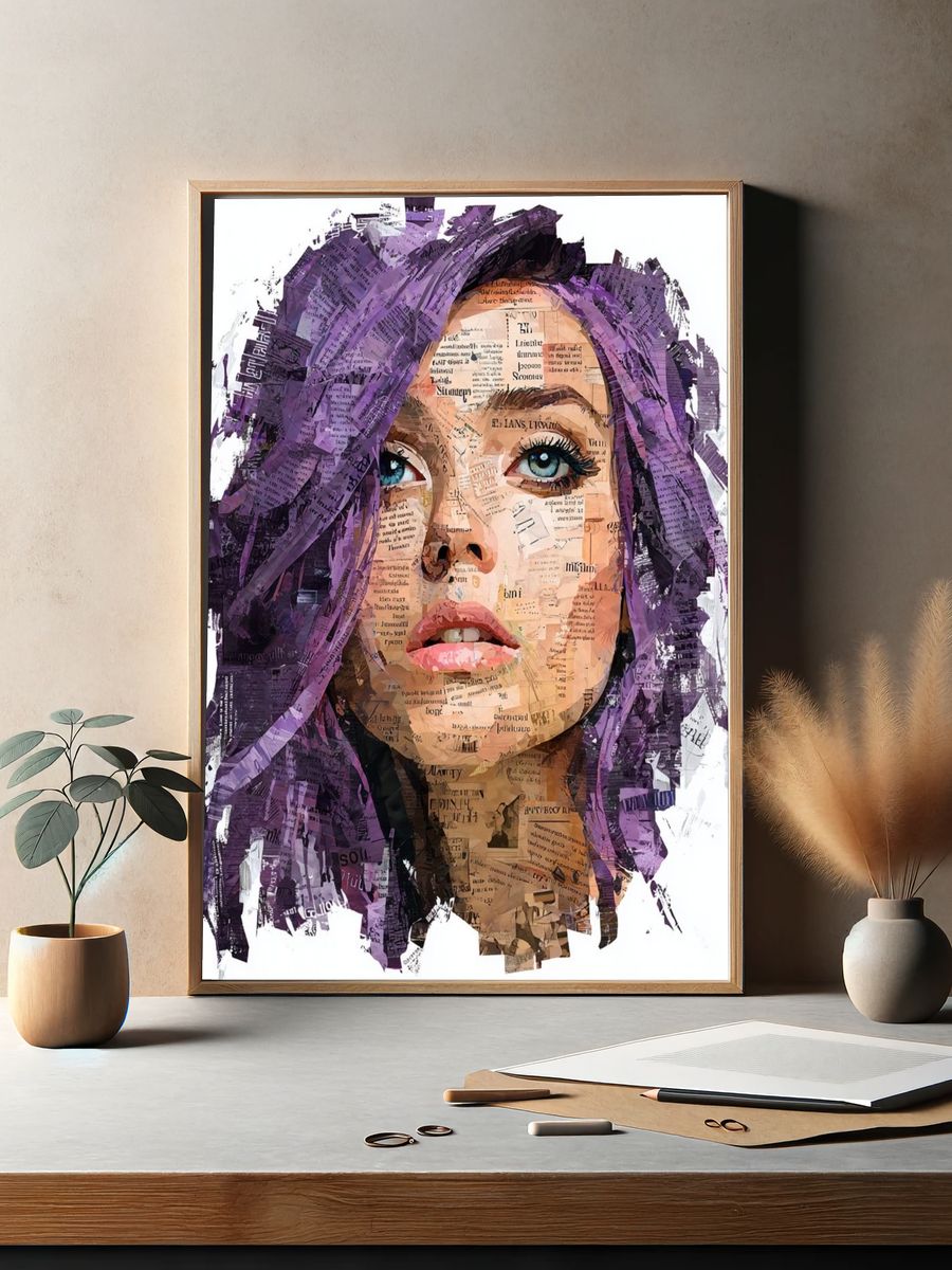 Abstract Portrait with Purple Hair — Art Print. — room view 2