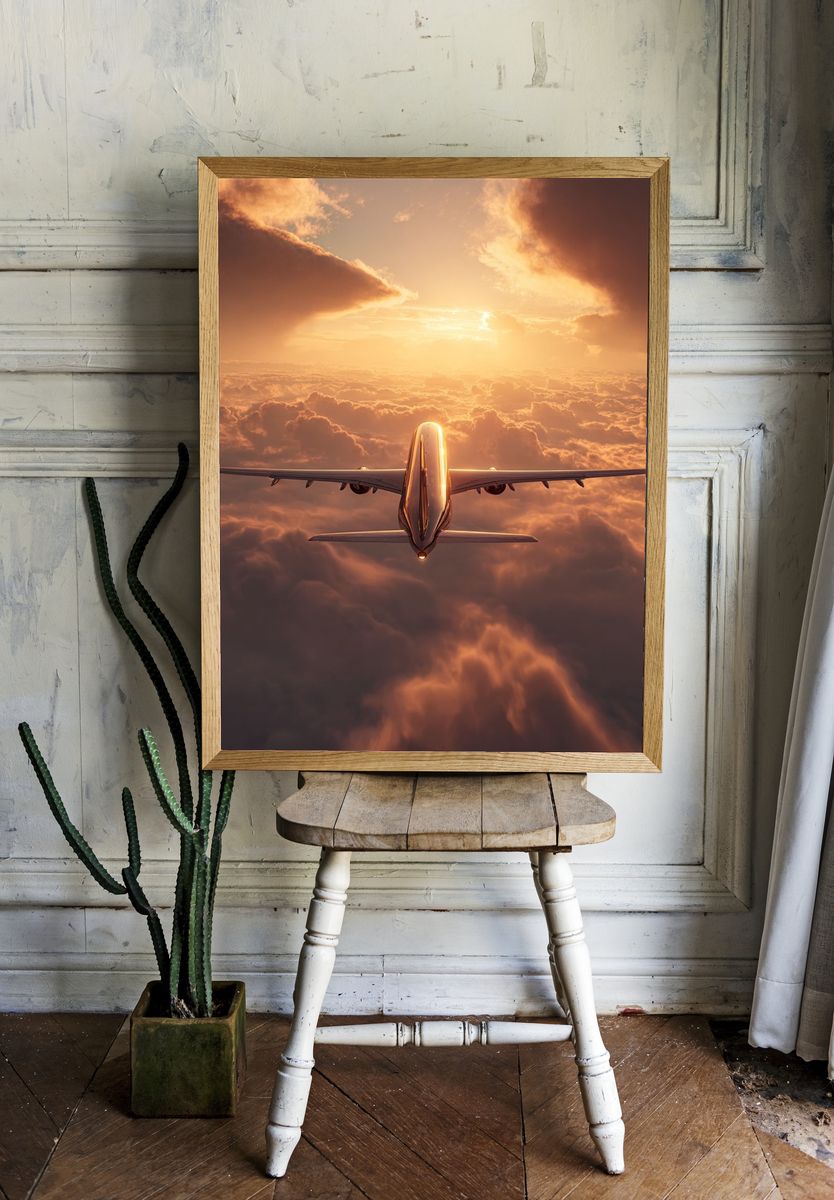 Airplane in Sunset Sky Poster. — room view 1