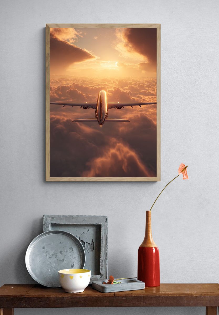 Airplane in Sunset Sky Poster. — room view 3