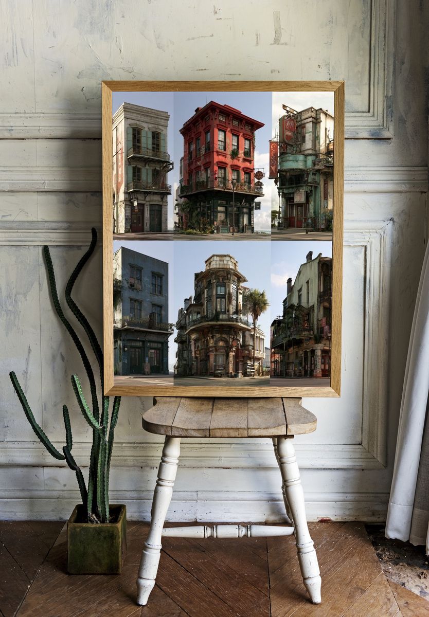 Weathered City Buildings Architecture Print. room preview