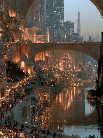Futuristic City Canal Landscape Print.