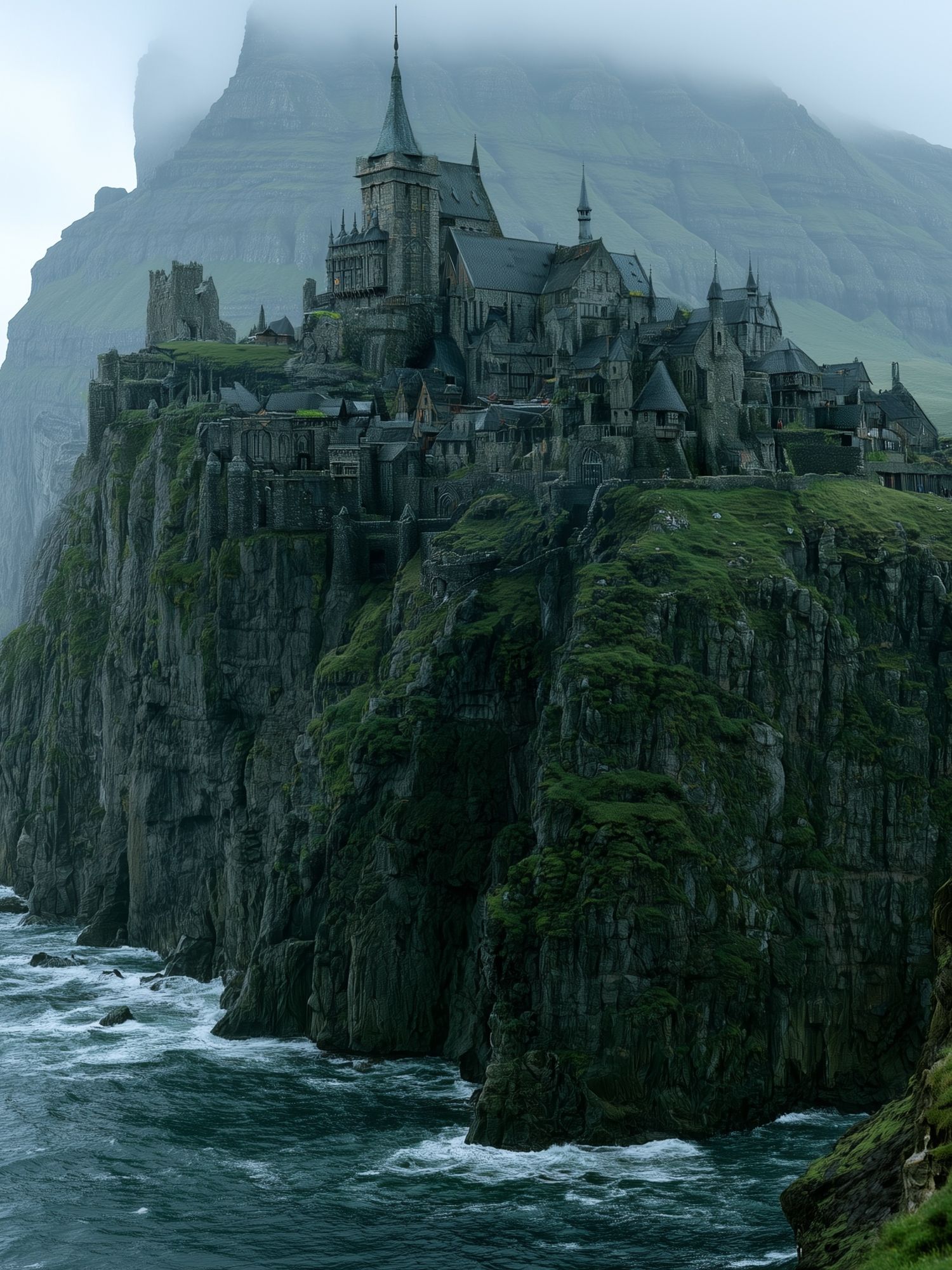 Clifftop Castle in Mist Poster. poster — architecture art
