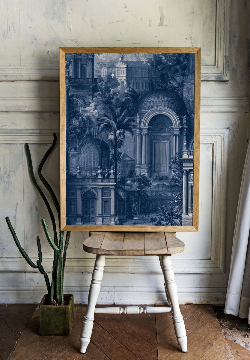 Blue Architectural Garden Print. room preview
