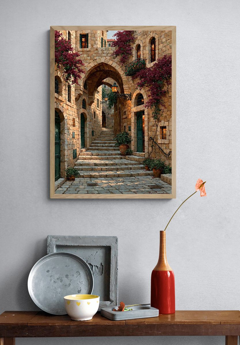 Mediterranean Stone Alley Print. — room view 3