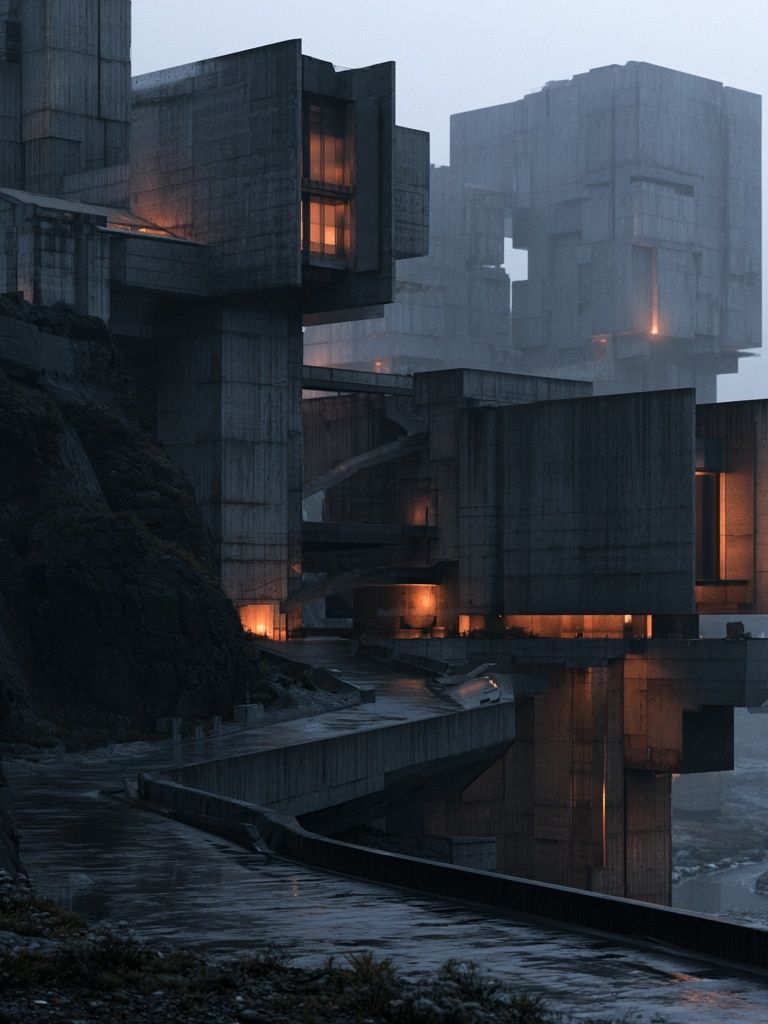 Foggy Brutalist Cliffside Architecture Poster. poster — architecture art