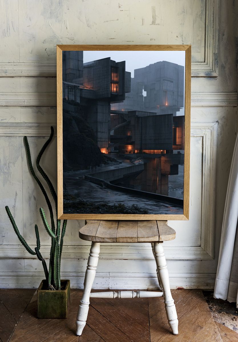 Foggy Brutalist Cliffside Architecture Poster. room preview