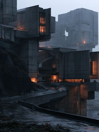 Foggy Brutalist Cliffside Architecture Poster.