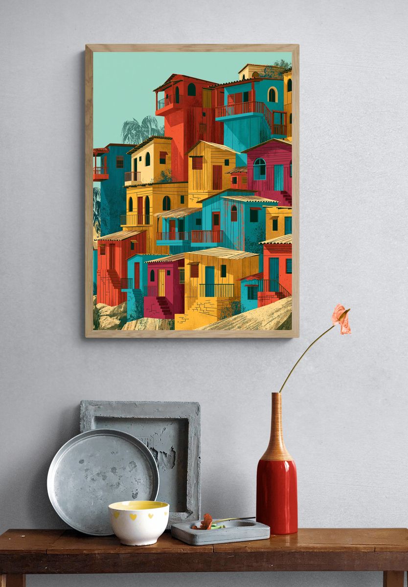 Colorful Hillside Village Architecture Poster. — room view 3