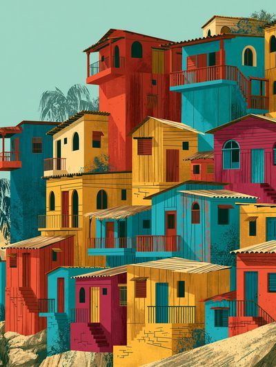 Colorful Hillside Village Architecture Poster. poster print