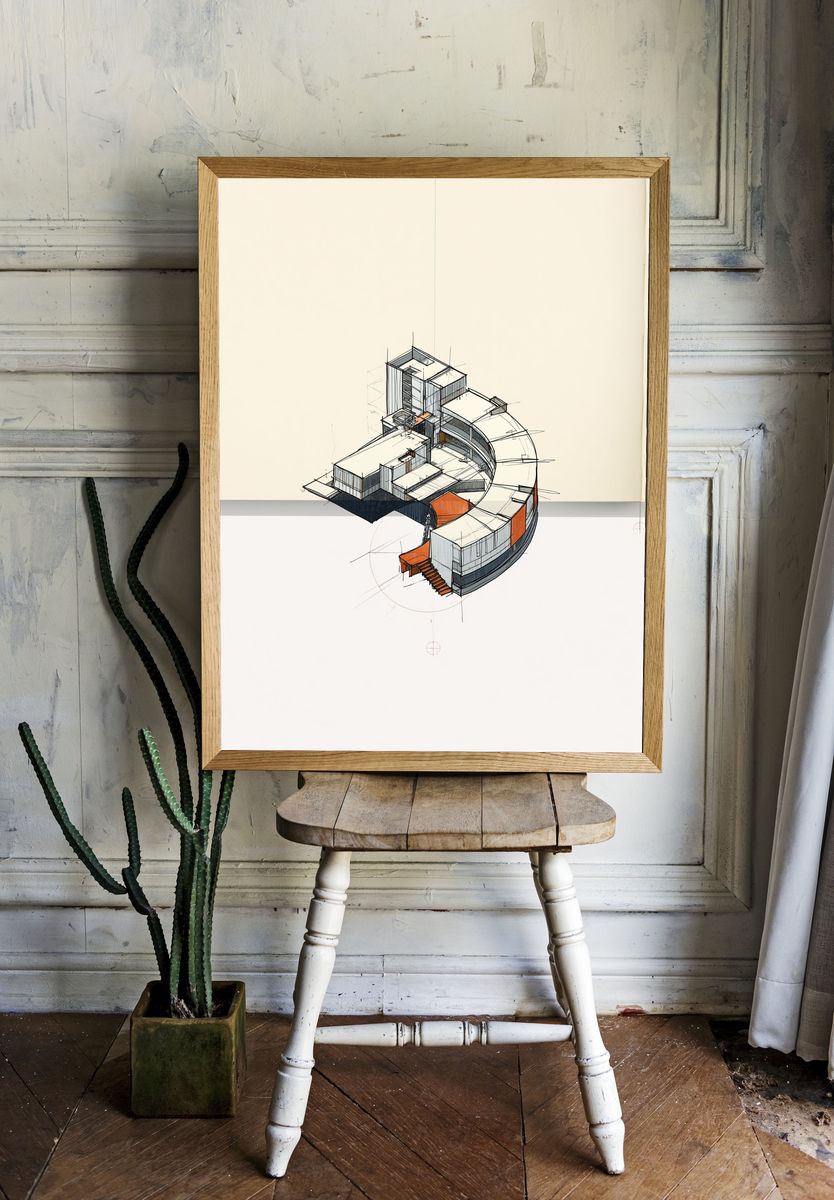 Curved House Sketch Poster. — room view 1