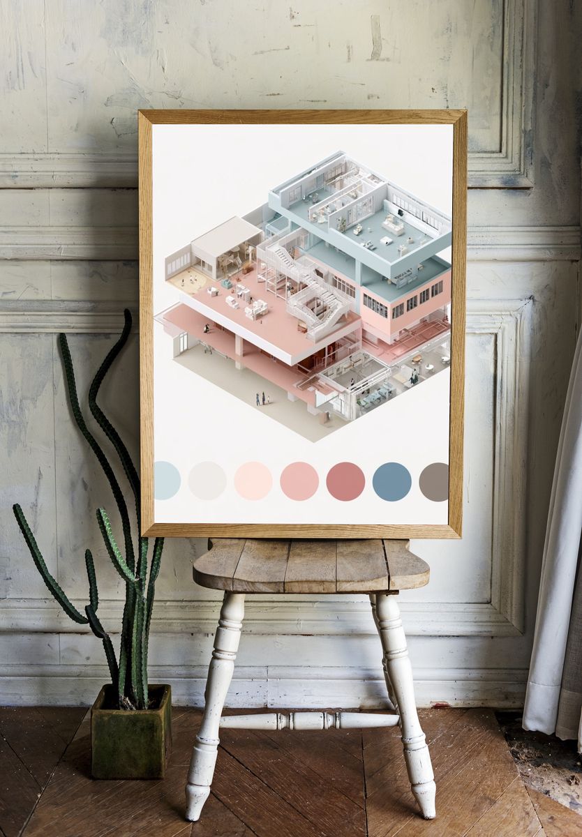 Pastel Architectural Cutaway Poster. — room view 1