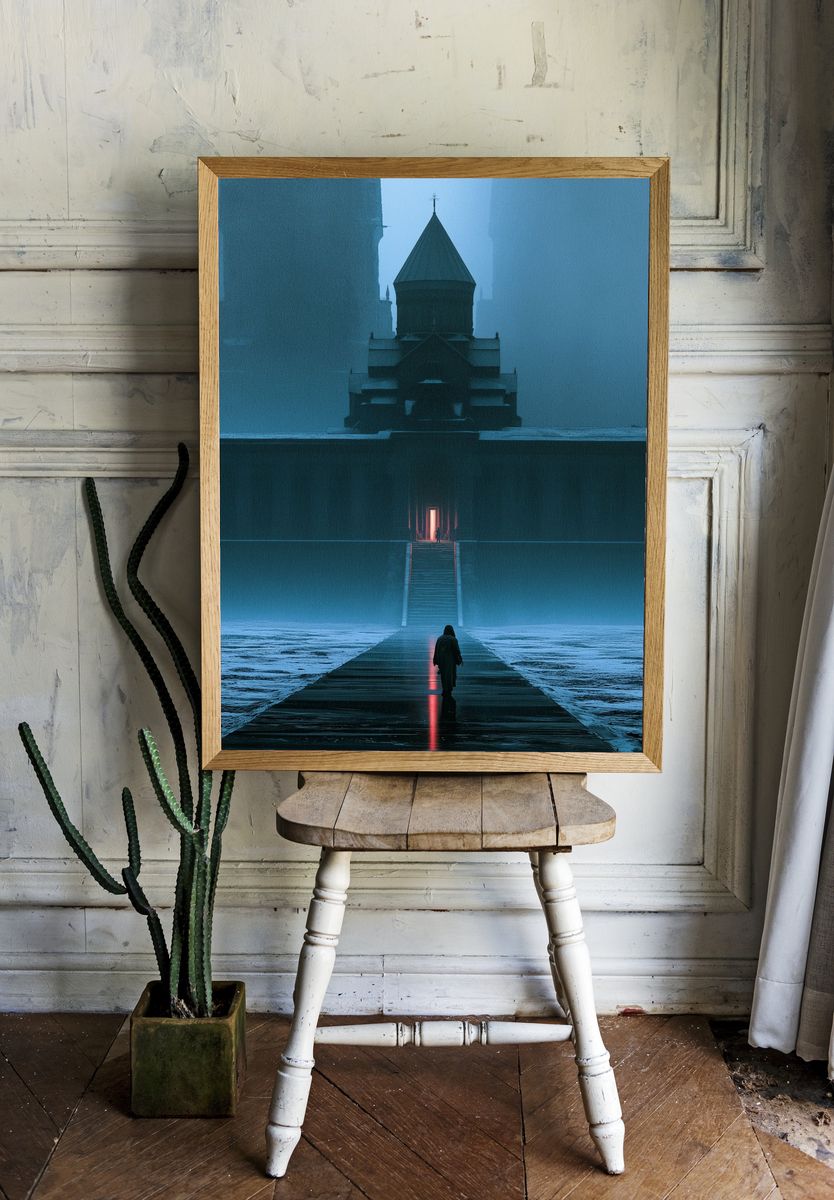 Misty Cathedral Walkway Poster. — room view 1