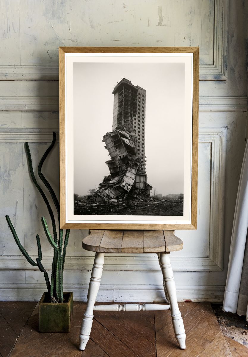 Collapsed Tower Black-White Poster. room preview