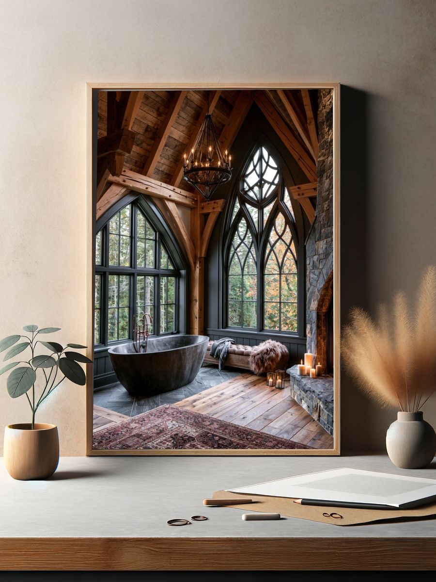 Rustic Gothic Bath Interior Poster. — room view 2
