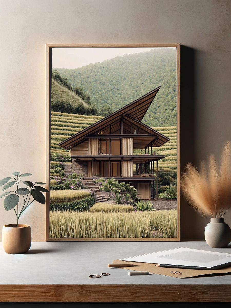 Terraced Tropical House Architecture Print. — room view 2
