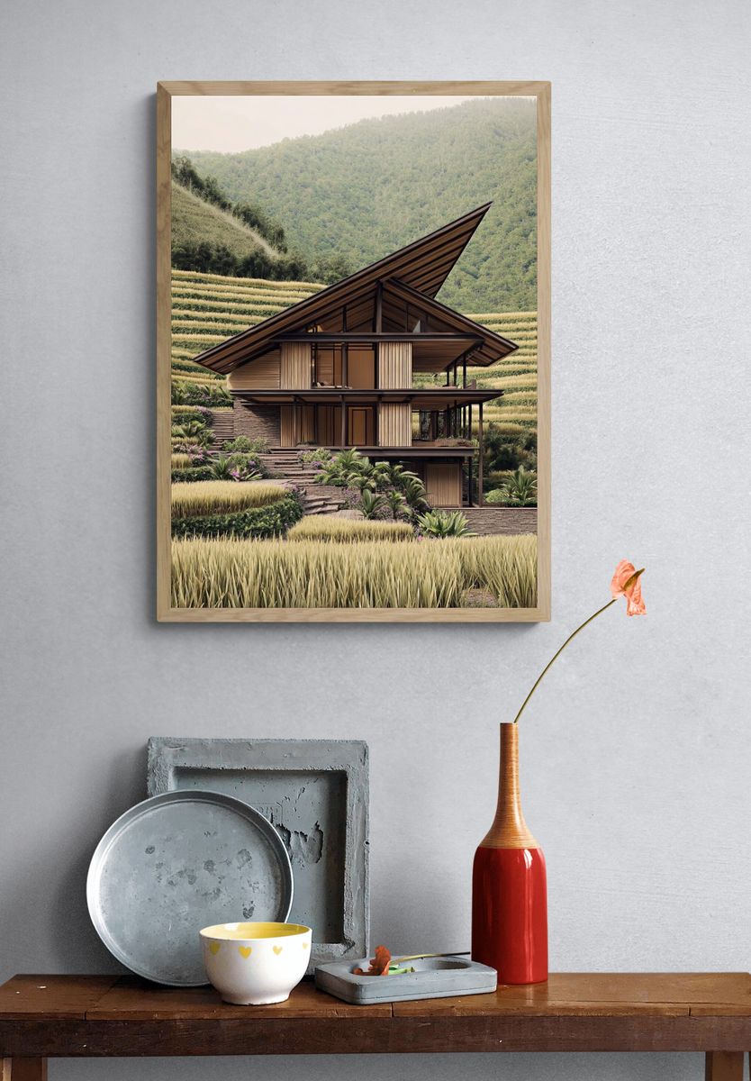 Terraced Tropical House Architecture Print. — room view 3