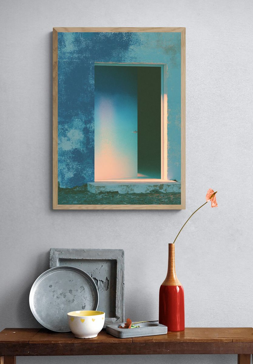Blue Doorway Abstract Poster. — room view 3