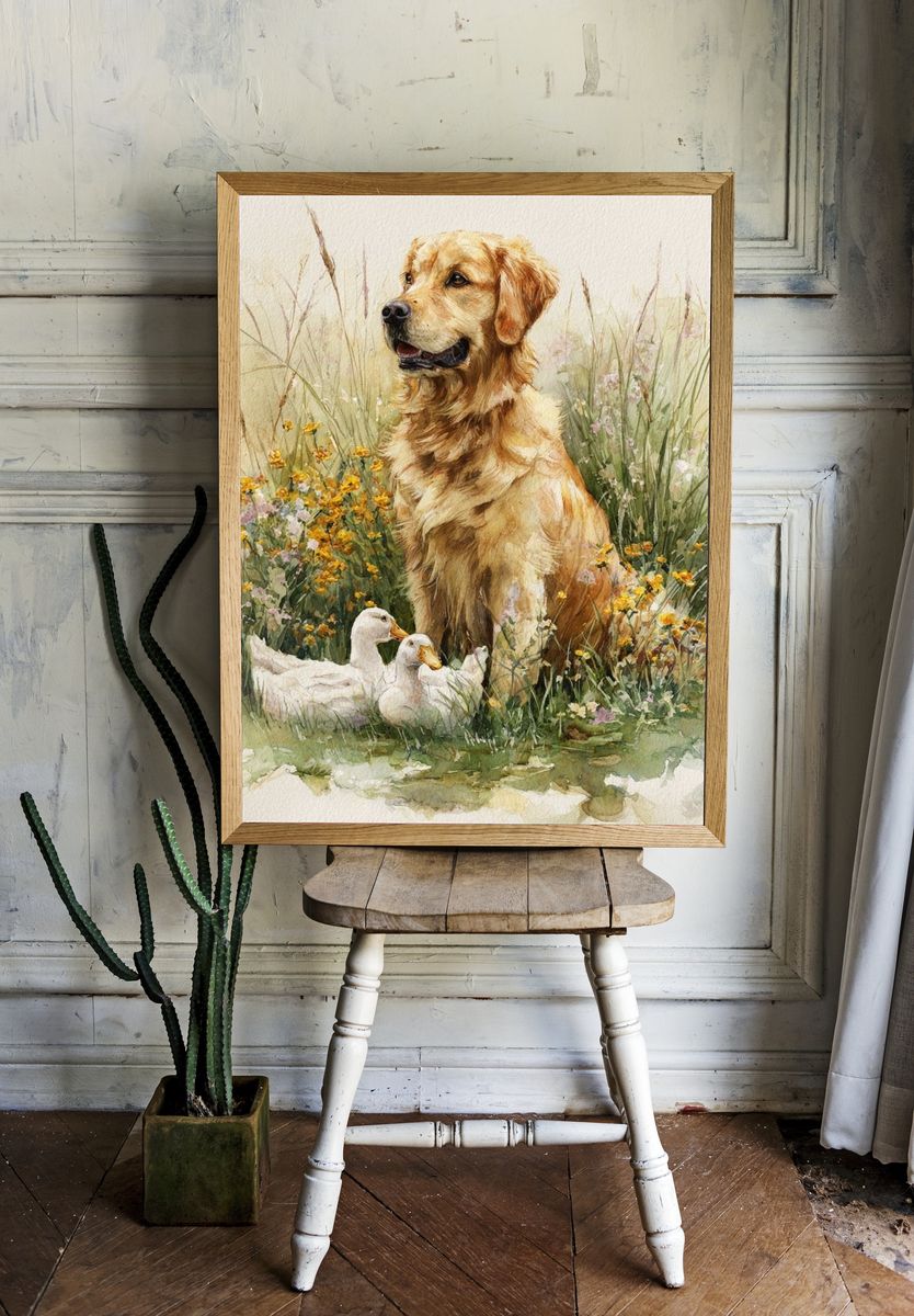 Golden Retriever with Ducks — Watercolor Print. — room view 1