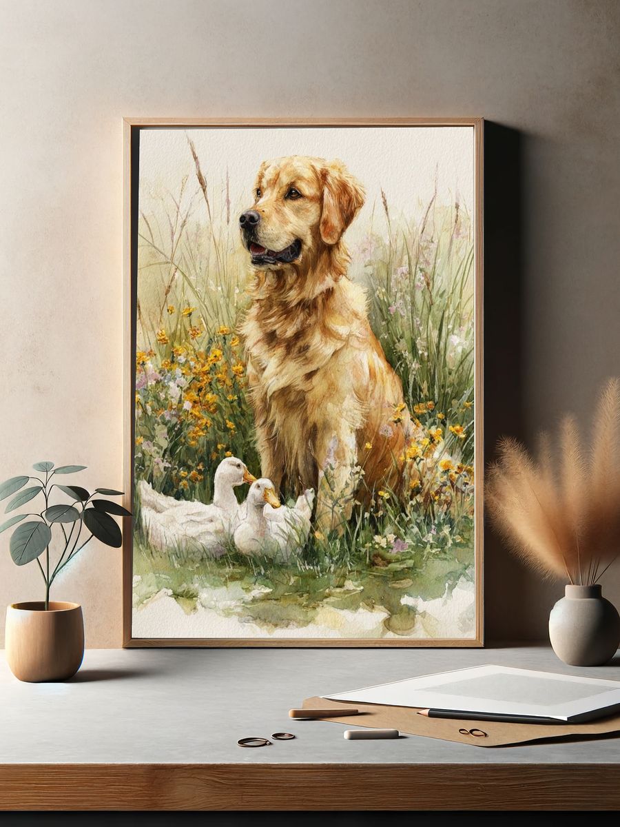 Golden Retriever with Ducks — Watercolor Print. — room view 2