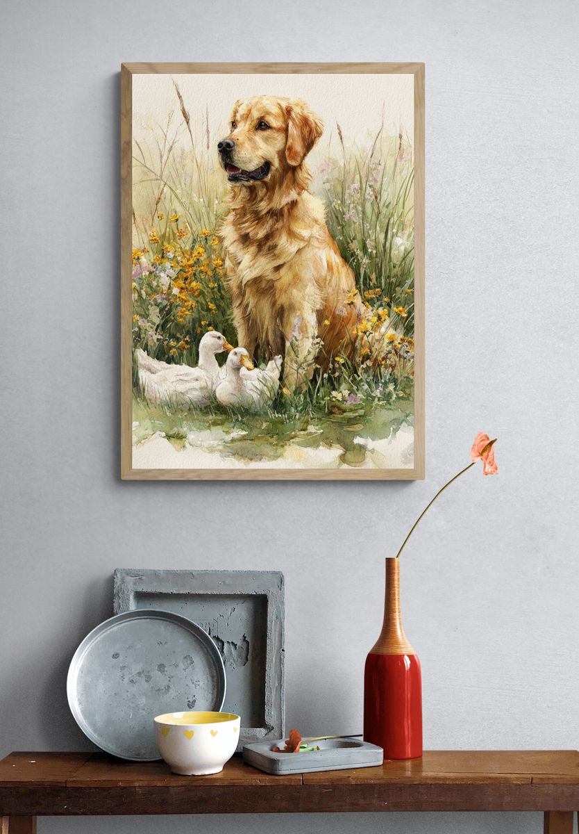 Golden Retriever with Ducks — Watercolor Print. — room view 3