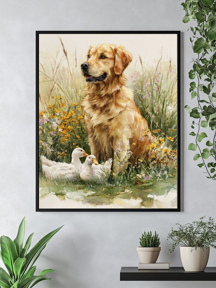 Golden Retriever with Ducks — Watercolor Print. — room view 4