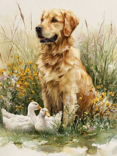 Golden Retriever with Ducks